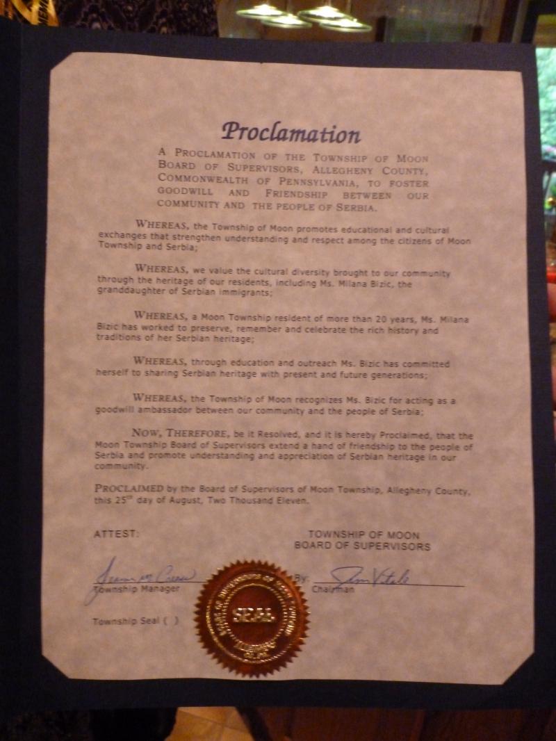 Moon Township Proclamation to people of Serbia
